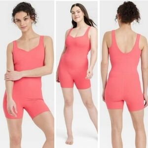 All In Motion Brushed & Sculpted Rib Sports Short Bodysuit, Size S coral color.
